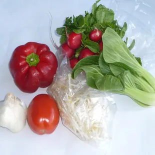 garlic bulb, red bell, tomato, radish bunch, sm. baby bok choy, and a couple handfuls bean sprouts [sold by bulk]: total=$3.40 on 4/27/2023