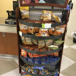 a display of chips and snacks