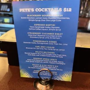 a menu for pete&apos;s cocktails