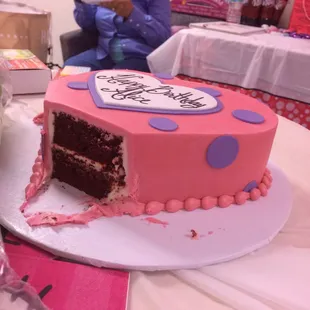 Notice the balance between layers, filling, and frosting. It looks the right shade for red velvet too.