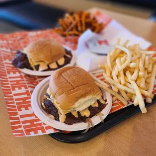 2 Single Smash Cheeseburger,  Fries and Sweet Potato Fries