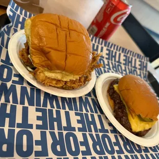 Fried chicken sandwich and Cheeseburgercheese