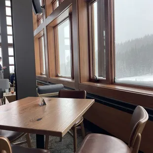a table and chairs in a restaurant