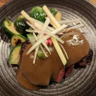 Mushroom rubbed hanger steak with brussel sprouts, Rhode Island greening apples, and winter daikon