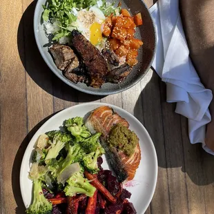 Salmon Plate and Brisket Bowl