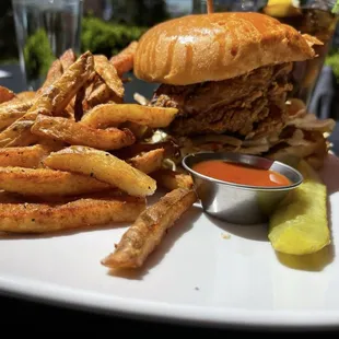 Crispy chicken sandwich and fries