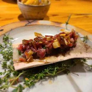 Beef tartare, bone marrow, pickled ramp