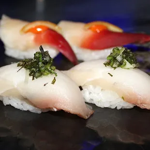 For nigiri we had Surf Clam and Smoked Mackerel topped with ginger medley and shiso.