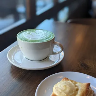 Matcha latte and cheese Danish
