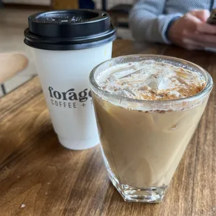 Drip coffee and latte with in-house honey cinnamon syrup