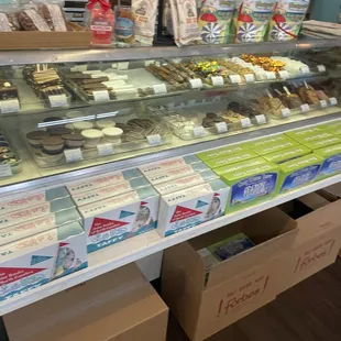 a display of pastries in a bakery