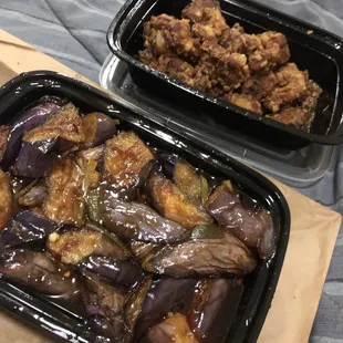 Eggplant with garlic sauce + sweet and vinegar pork ribs (already ate some )