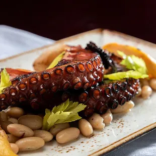 an octopus on a bed of beans and lettuce