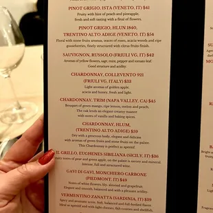 Wine list menu