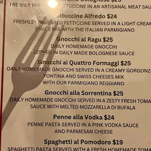 Pasta menu