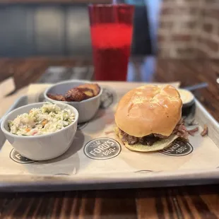 Brisket Chopped Sandwich; cole slaw; and plantains.