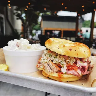 Fresh Air Special: chopped pork, vinegar slaw, bbq sauce, onion bun