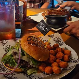 High-octane burger with side of sweet potato tots