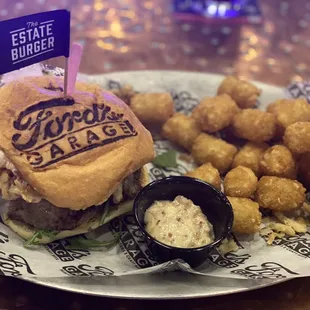 Estate Burger with extra bacon aïoli for the Classic Tots