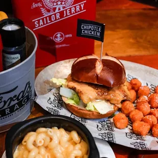 Chipotle Chicken Sandwich, Side Mac N&apos; Cheese, Sweet Potato Tots