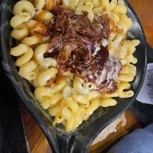 a skillet of macaroni and cheese