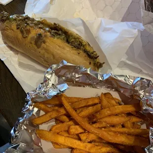 My steak sandwich with perfectly seasoned sweet potato fries