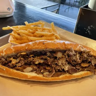 Large steak with White American, mushrooms and onions