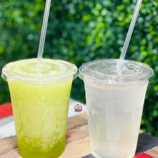 two drinks sitting on a table