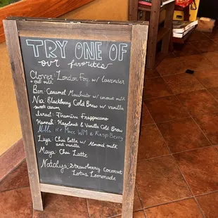 a chalkboard with a menu on it