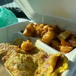 an omelet and fried shrimp