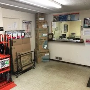 Our front office with moving supplies for sale or rent
