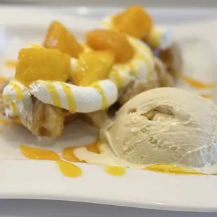 Mango croissant waffle with ice cream