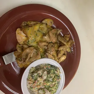 Smothered chicken with homemade broccoli salad