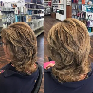 Hair color, highlights and layer.