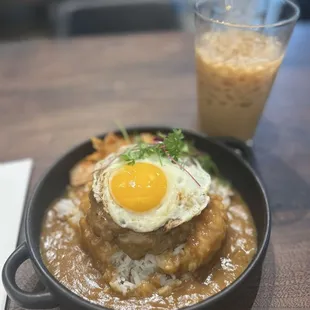 Loco moco plate and graham iced latte