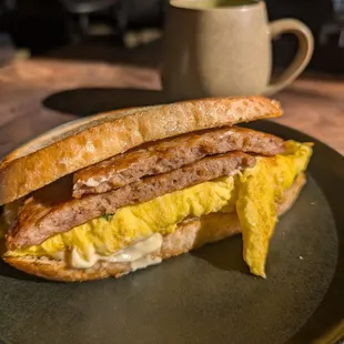 Breakfast sando with sausage on sourdough bread