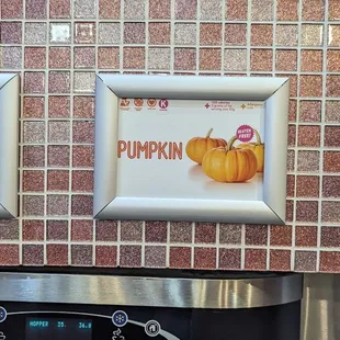 two pumpkins on a wall