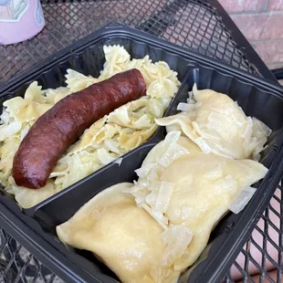 DELICIOUS!!!!  Kielbasa &amp; potato pierogis with haluski (bow tie pasta and cabbage)