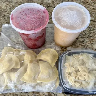 Borscht, lentil soup, potato pierogies, and haluski