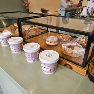 a display of pastries and ice cream