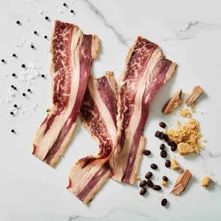 Wagyu Beef BACON: Meaty, smoky, flavorful goodness, our bacon is a treat any time of the day. Made with Ohio-raised Beef from McDowell Farms