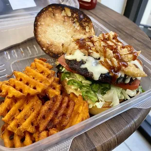 BBQ Burger, w/bbq ranch, onion straws &amp; mozzarella. Sweet potato fries = perfect accompaniment. One of the best burgers in SA