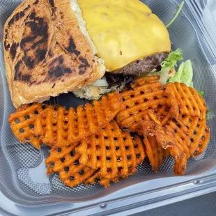 Sweet potato fries and fun hamburger and cheese.