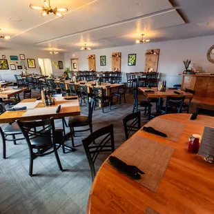 tables and chairs in a restaurant