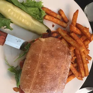Salmon BLT with Ale Fries (sriacha flavored fries that are nice and crunchy on the outside, perfect inside)