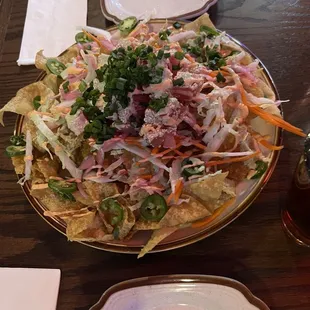 Ahi-ahi nacho top view.  Apps.