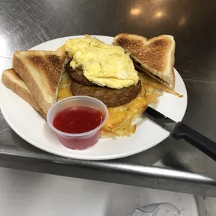 Our famous Sausage Stacker with 2eggs, toast and our amazing strawberry jam