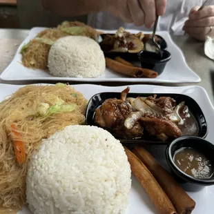 Pancit, steamed rice, adobo and lumpia.