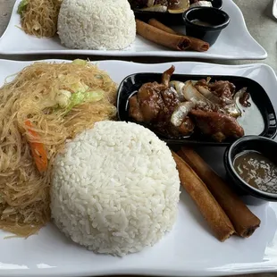 Pancit Bihon, steamed rice and chicken adobo!