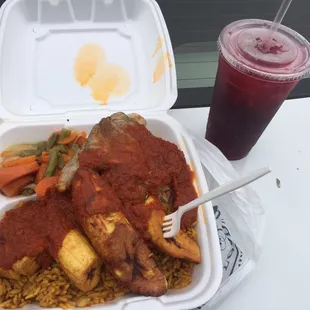 Lamb on red rice with plantains and mixed vegetables. Everything is wholesome and delicious